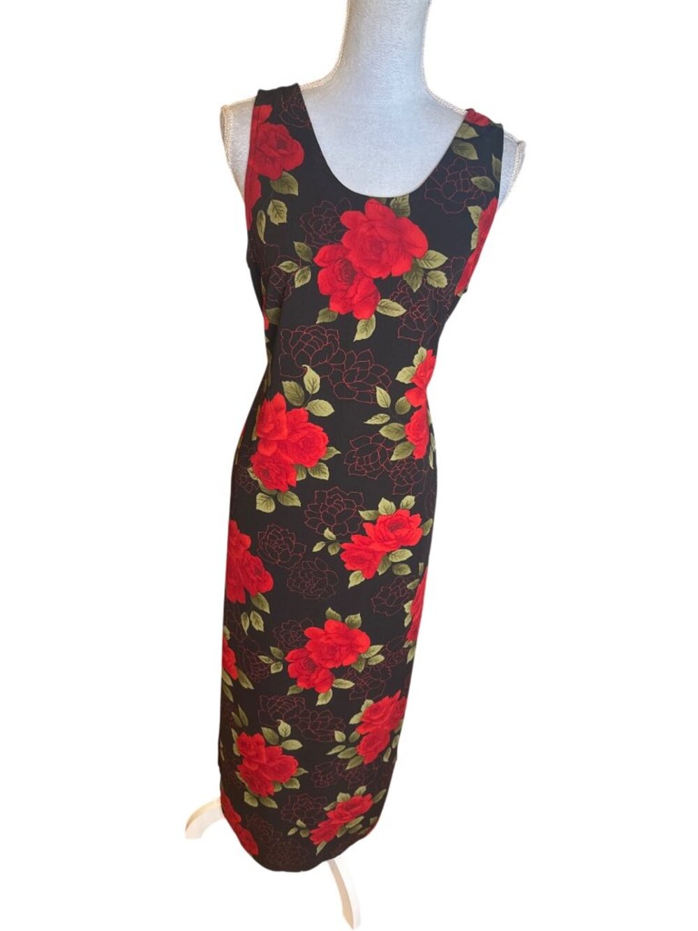 R&K Originals Vintage 90s Floral Maxi Dress Sz 12 Black Red Rose Drawstring